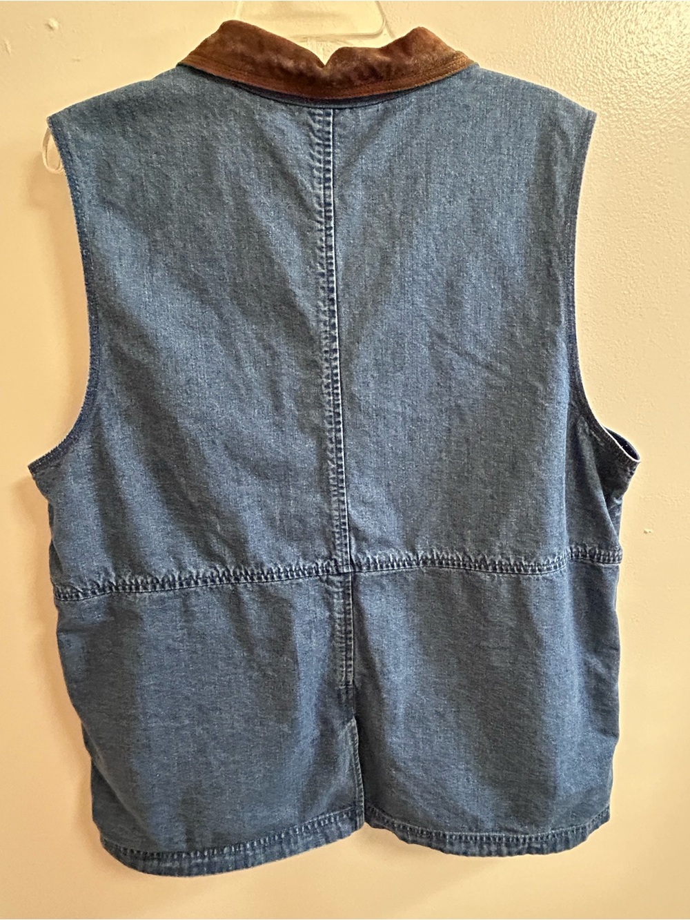 VTG 90s Blue Denim Utility Vest Brown Contrast Collar Women's XL Cargo Pocket - Picture 4 of 8